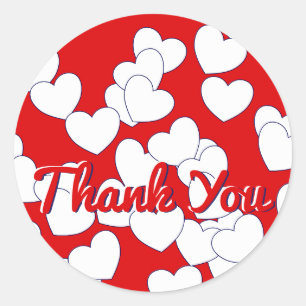 Sticker Rond "Merci" - Beaux Coeurs Rouge Et Blanc