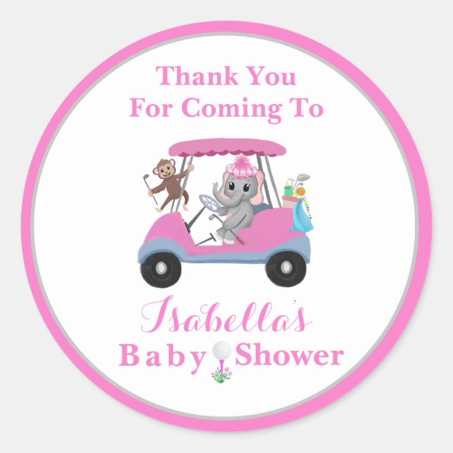 Sticker Rond Merci Bébé Fille Éléphant et Singe de Golf  (Devant)
