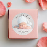 Sticker Rond Merci bébé nouveau-né Baby shower Script<br><div class="desc">Merci Baby Newborn Baby shower Stickers dispose de votre photo préférée avec le texte "Merci" dans élégant script noir moderne. Personnalisez en modifiant le texte dans les zones de texte fournies. Conçu par ©Evco Studio https://www.zazzle.com/store/evcostudio</div>