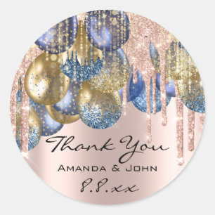 Sticker Rond Merci BirthdaWedding Ballon Blue Gold Drip Rose