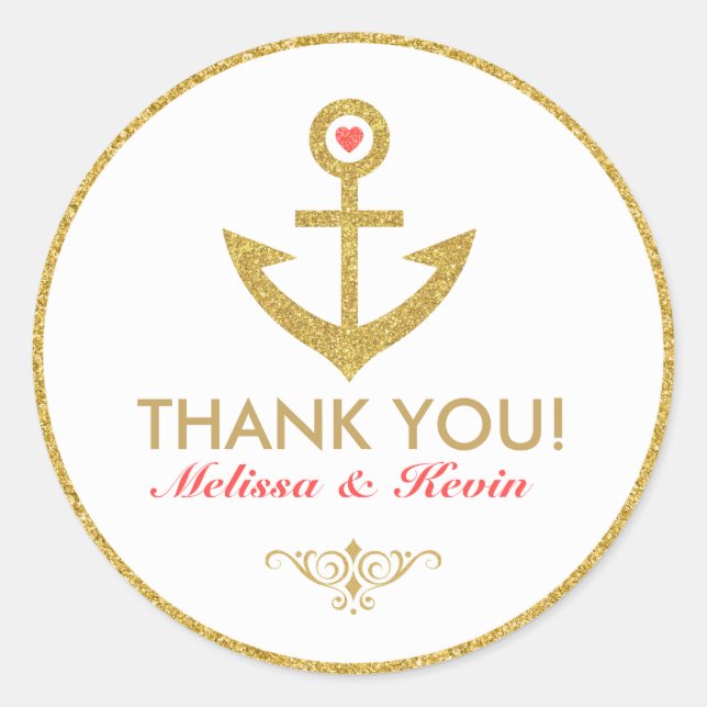 Sticker Rond Merci blanc et or Ancre nautique de bateau (Devant)