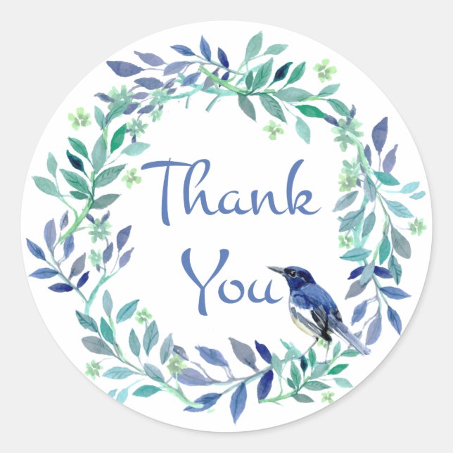 Sticker Rond Merci Bleu Aquarelle Florale Feuille couronne (Devant)