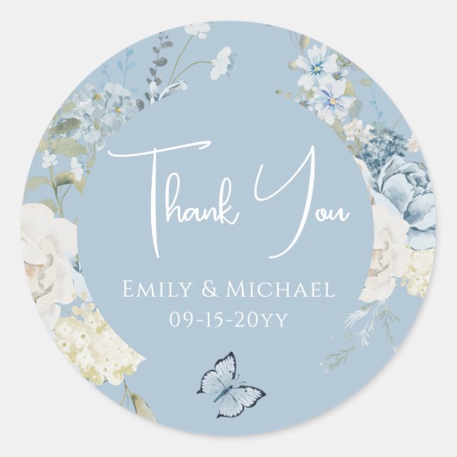 Sticker Rond Merci bleu bleu romantique Mariage floral (Devant)