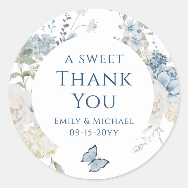 Sticker Rond Merci bleu bleu romantique Mariage floral (Devant)