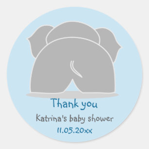 Sticker Rond Merci bleu de baby shower d'éléphant gris mignon
