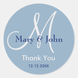 Sticker Rond Merci bleu moderne Monogramme mariage Faveur