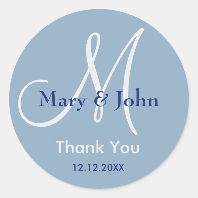 Sticker Rond Merci bleu moderne Monogramme mariage Faveur (Devant)