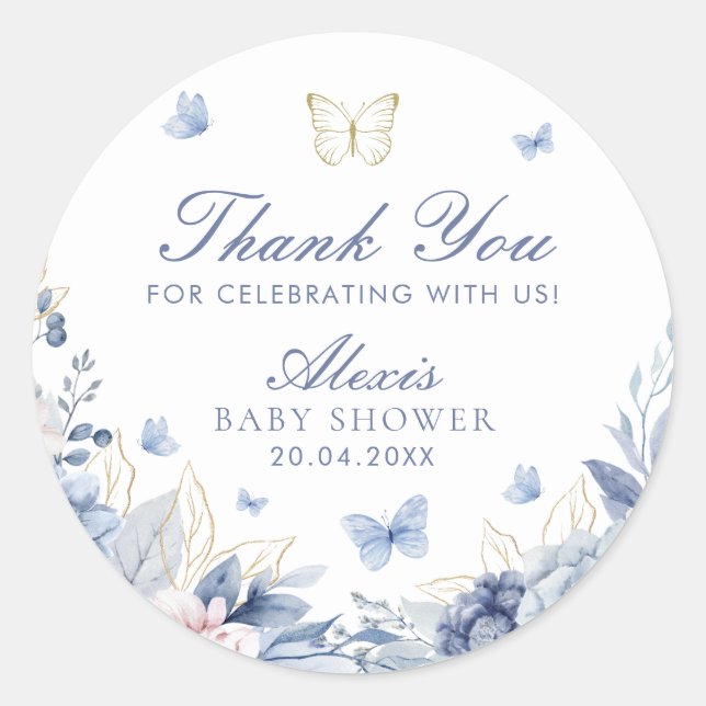 Sticker Rond Merci bleu papillon Baby shower garçon (Devant)