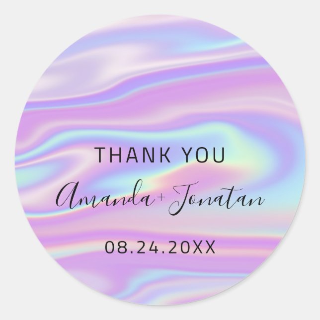 Sticker Rond Merci Blush Nom Date Noir Blanc Holographique (Devant)