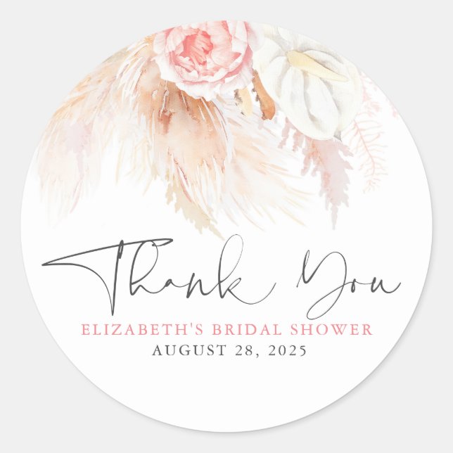 Sticker Rond Merci Boho Herbe de Pampas Florale Rose (Devant)