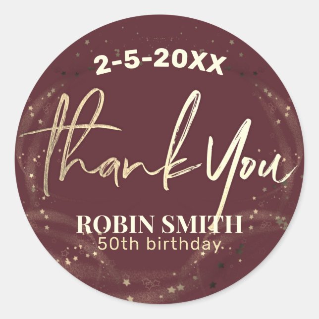 Sticker Rond Merci Bourgogne Rouge Or moderne Anniversaire Favo (Devant)