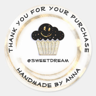 Sticker Rond Merci Boutique Chocolat Muffin Sourire Or Blanc