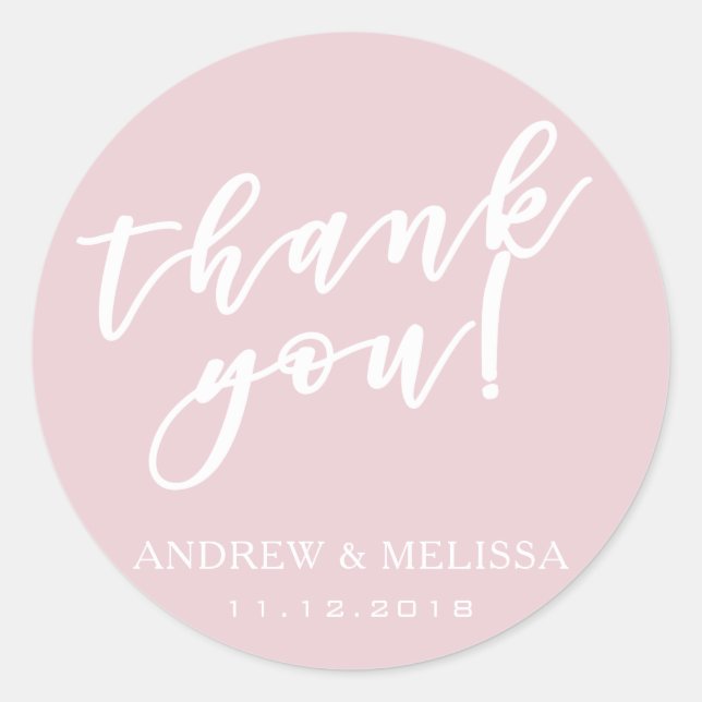Sticker Rond Merci | Brush Script Dusty Mariage rose (Devant)