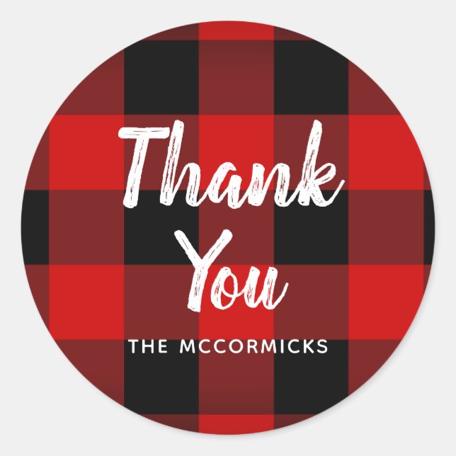Sticker Rond Merci Buffalo Plaid Rouge Noir Personnalisé (Devant)