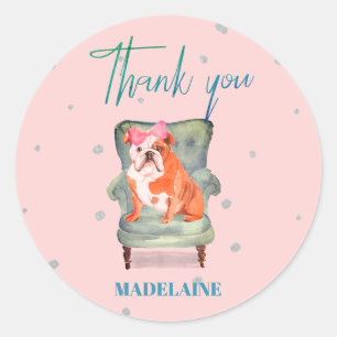 Sticker Rond Merci Bull Chien rose Argent