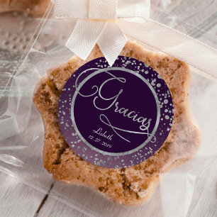 Sticker Rond Merci cadeau Confetti Gracias Glam Argent Violet
