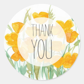 Sticker Rond Merci Californie Fleurs de pavot Aquarelle