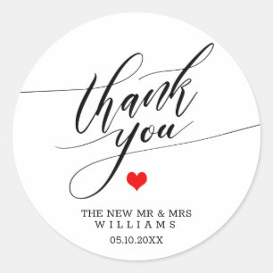 Sticker Rond Merci calligraphie Mariage de coeur rouge