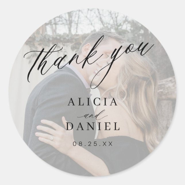 Sticker Rond Merci calligraphie photo mariage (Devant)