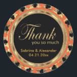 Sticker Rond Merci Casino Poker Chip en Orange & Or<br><div class="desc">Stickers / Sceau. Chip de poker style Las Vegas merci design dans une orange, noir et or prêt pour vous de personnaliser. Peut également être ajouté au dos de vos enveloppes, des sacs de traitement, etc... Fonctionne parfaitement pour un mariage, un anniversaire ou une fête d'anniversaire en modifiant simplement le...</div>