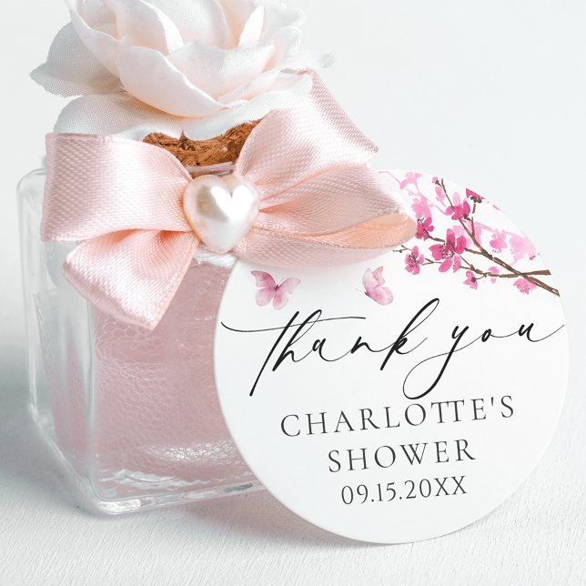 Sticker Rond Merci Cerisier Fleur Rose Papillon (Créateur téléchargé)