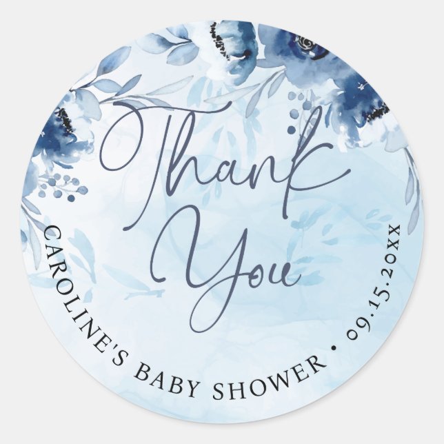 Sticker Rond Merci C'est un garçon Baby shower bleu aquarelle (Devant)