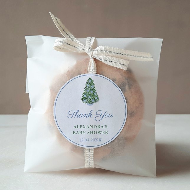 Sticker Rond Merci Chinoiserie Arbre de Noël Bleu Faveur (Blue And White Chinoiserie Holidays Tree Baby or Bridal Shower Thank You Favor Sticker)