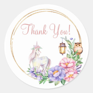 Sticker Rond Merci Chouette Unicorn Aquarelle Florale