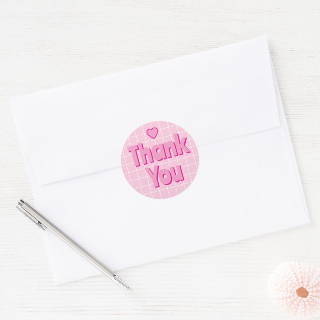 Sticker Rond Merci Chunky Rose Avec Grille Blanche (Enveloppe)