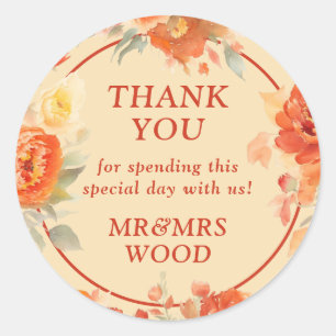 Sticker Rond Merci Chute Brûlé Orange Floral Mariage