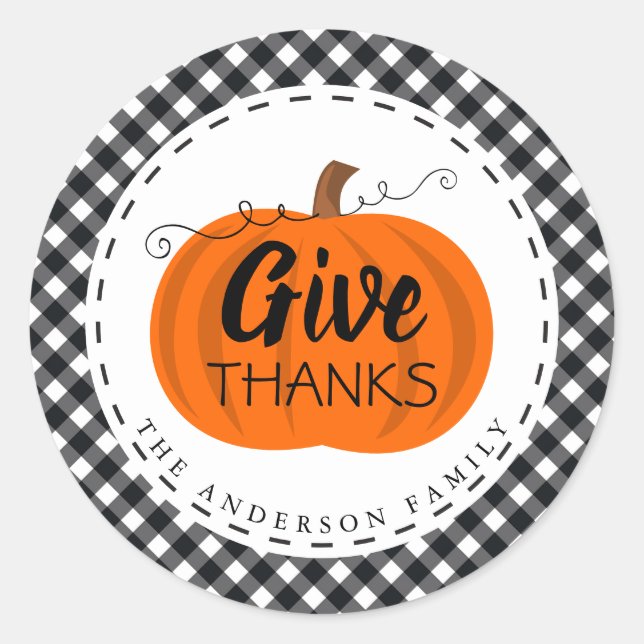 Sticker Rond Merci. | Citrouille Buffalo Plaid Thanksgiving (Devant)