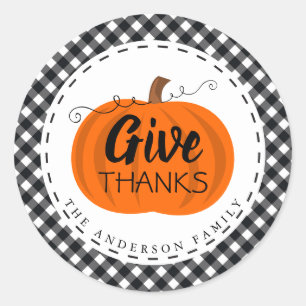 Sticker Rond Merci. Citrouille Buffalo Plaid Thanksgiving