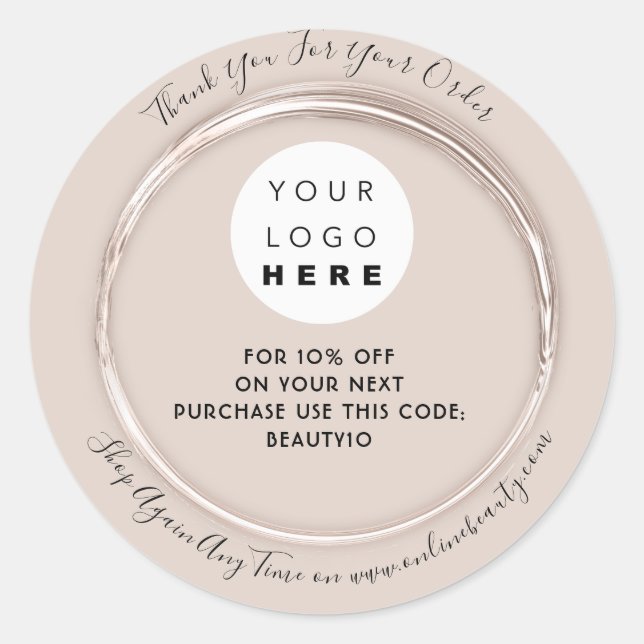 Sticker Rond Merci Commande Logo Code rabais Blush encadré (Devant)
