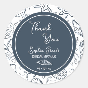 Sticker Rond Merci Coquillages Bleu Marine Gribouillages