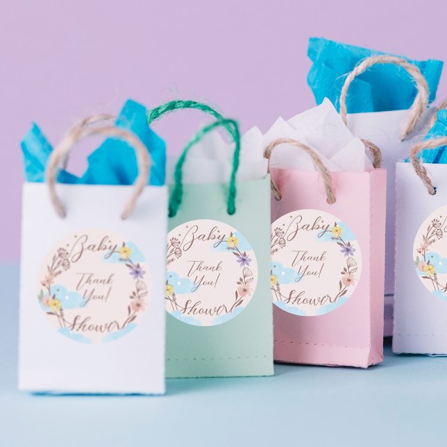 Sticker Rond Merci couronne fleur Nuage & Etoiles (Thank You flower wreath Cloud & Stars Classic Round Sticker)