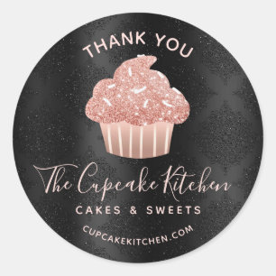 Sticker Rond Merci Cupcake Bakery Rose Gold Black Damask 