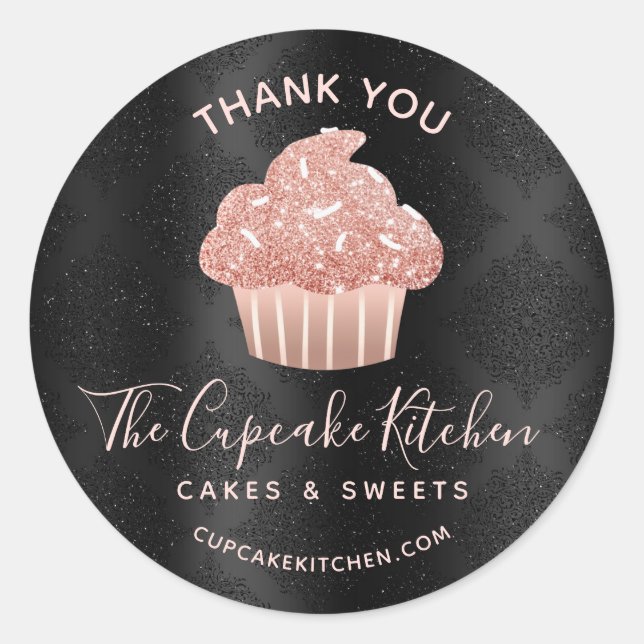 Sticker Rond Merci Cupcake Bakery Rose Gold Black Damask  (Devant)
