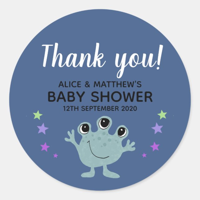 Sticker Rond Merci Cute Boys Space Alien Baby shower (Devant)
