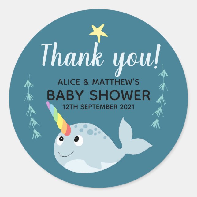 Sticker Rond Merci Cute Narwhal Océan Unisex Baby shower (Devant)