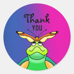 Sticker Rond Merci Cute Tortoise Happy Butterfly