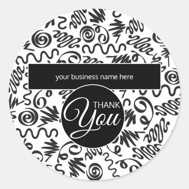 Sticker Rond Merci d'affaires Doodle Curls Noir et Blanc (Devant)
