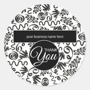 Sticker Rond Merci d'affaires Doodle Curls Noir et Blanc