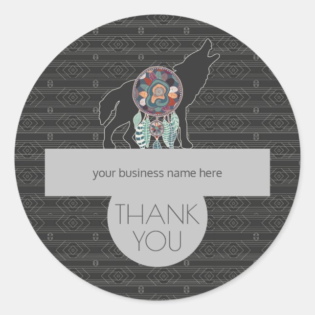 Sticker Rond Merci d'affaires Loup tribal Charcoal Grey (Devant)