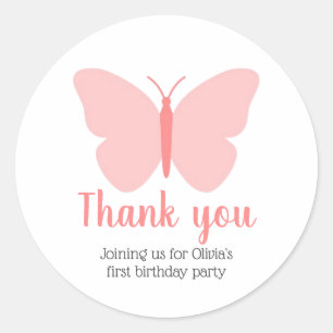 Sticker Rond Merci d'anniversaire de la fille papillon rose