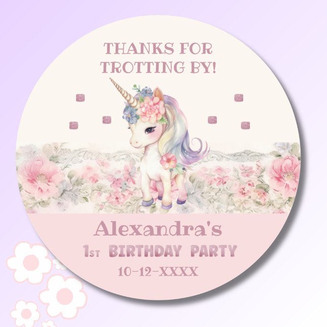 Sticker Rond Merci d'anniversaire de la fille Unicorne rose (Créateur téléchargé)