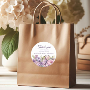 Sticker Rond Merci d'anniversaire des femmes florales violettes