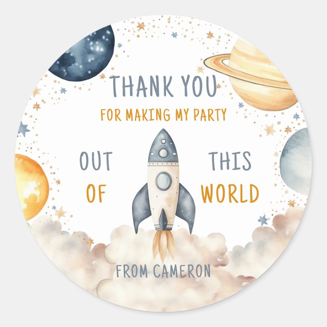 Sticker Rond Merci d'anniversaire du garçon spatial (Space First Birthday Sticker)
