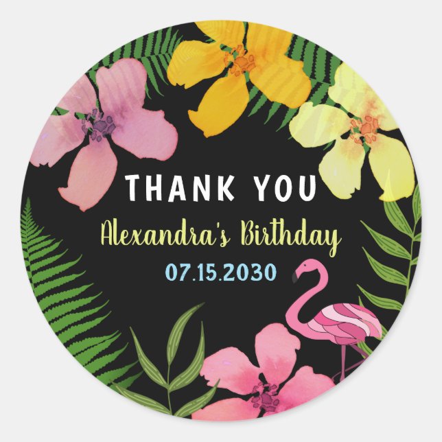 Sticker Rond Merci d'anniversaire Flamant Tropical (Devant)