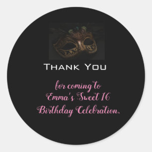 Sticker Rond Merci d'anniversaire noir rose mascarade