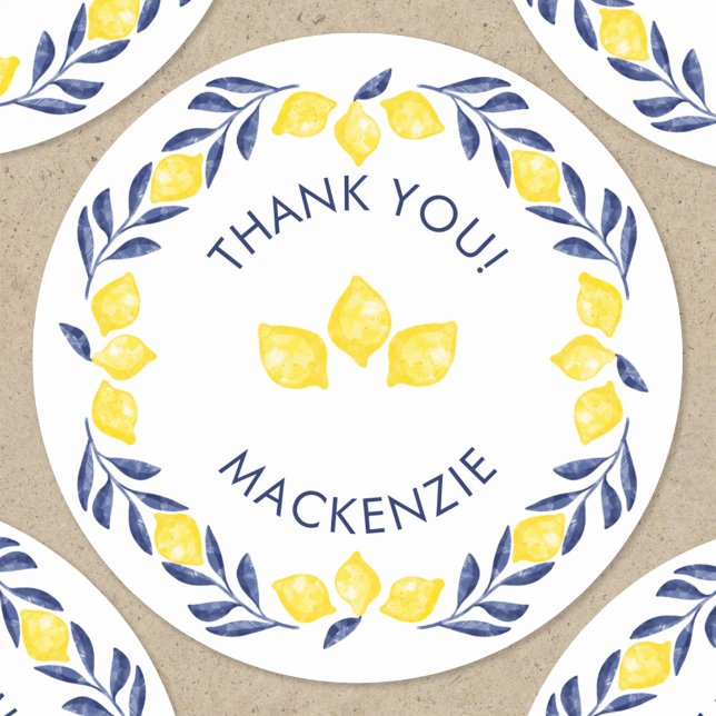 Sticker Rond Merci d'aquarelle citron personnalisé (Lemon citrus watercolor yellow blue and white personalized name thank you sticker)